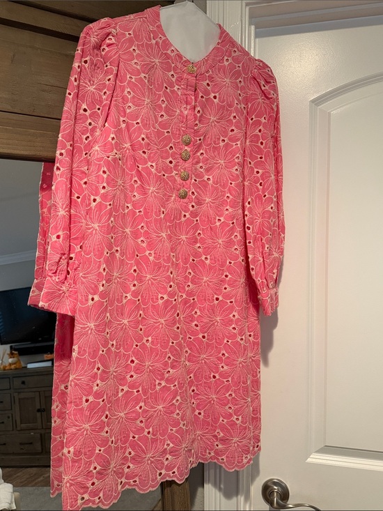 Pomander Place Dresses & Skirts - Pomander Place Pink Eyelet Midi Dress with Gold Buttons size small worn once!